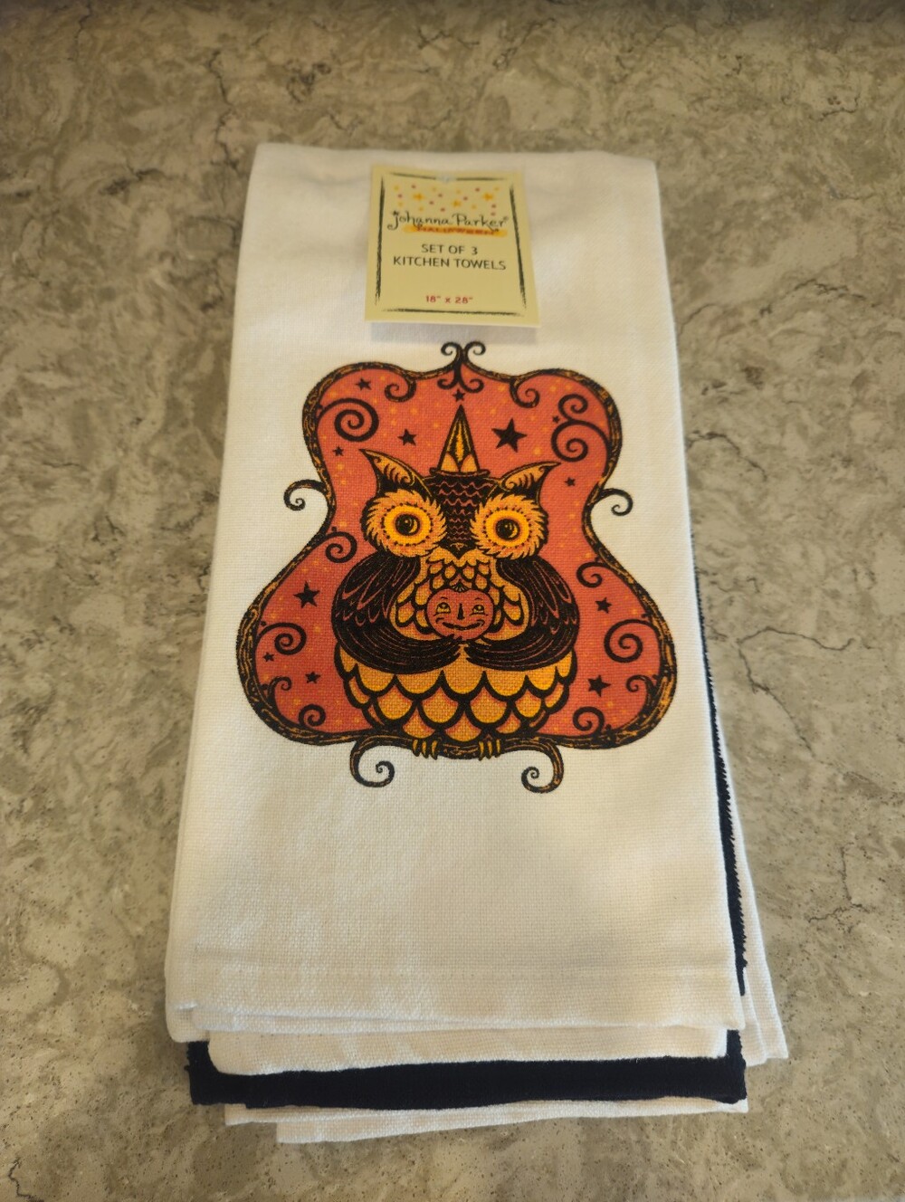 Johanna Parker Retro Halloween Owl Pumpkin Stars Kitchen Towels NWT Cotton